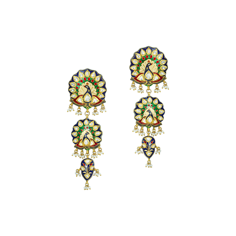 Peacock Motif Earrings with Polkis, Enamel, and Pearls